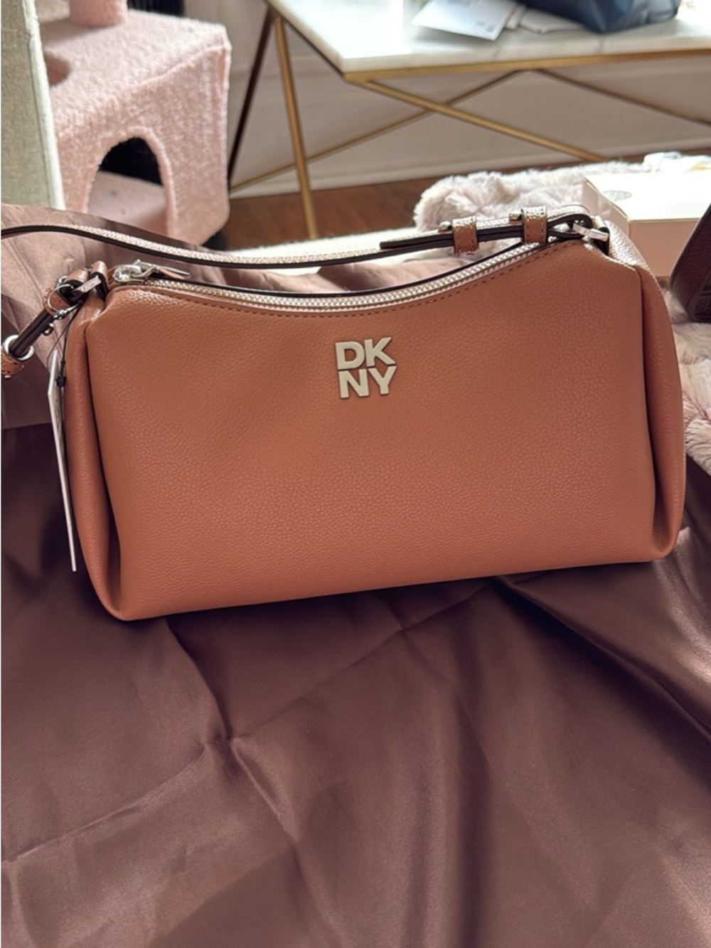 DKNY Pebbled Leather Shoulder Bag in Tan Brown